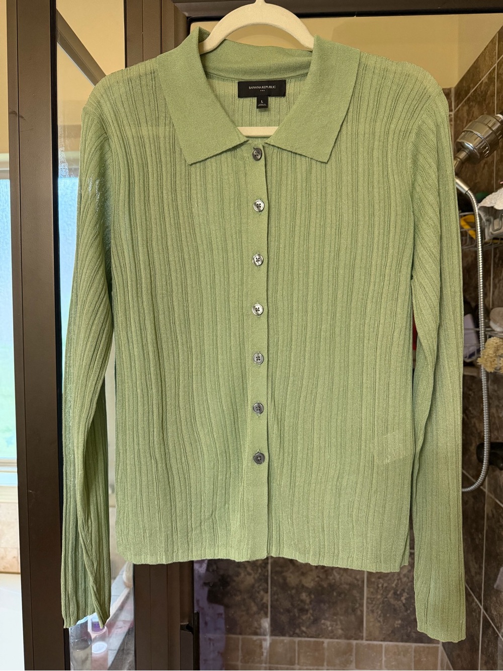 Banana Republic Sage Green Ribbed Button-Front Polo Cardigan